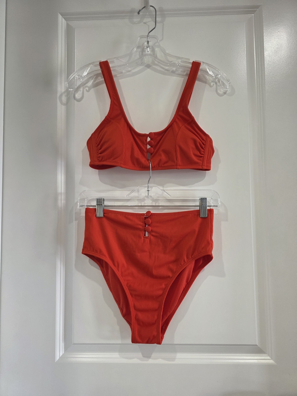 Xhilaration Red Ribbed High-Waist Bikini with Button Accents